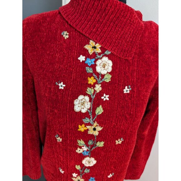 Alfred Dunner Petite Red Chenille Floral Embroidered Split‎ Turtleneck Sweater - - Picture 2 of 9